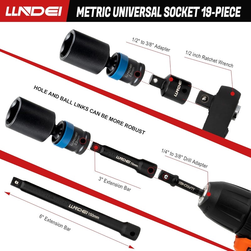 LLNDEI 3/8" Drive Swivel Socket Set, 19PCS Deep Universal Impact Socket Set, Metric(8mm-22mm) Premiun Wobble Socket Set, CR-MO Steel,3"& 6" Extension Bar, Ad - Image 5